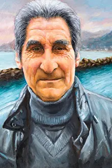 Talent Prints: oil on canvas of a man with black leather jacket