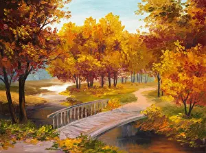 Acrylic Prints: Oil Painting - autumn forest with a river and bridge over the river
