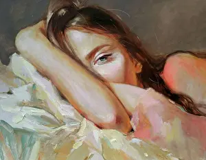 Cute Girl Prints: Oil painting on canvas, woman portrait