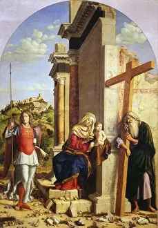 This oil painting by Cima da Conegliano depicts the Madonna and Child surrounded by Saints Michael the Archangel