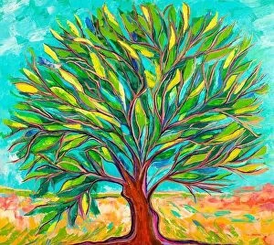 Images Dated 21st April 2021: Oil painting landscape, colorful bright abstract tree