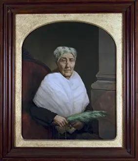 Oil portrait on canvass of Elizabeth Barada Ortes at age 102. Mme. Ortes, wearing a black dress with a white shawl wrapped around her shoulders