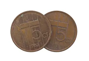 1982 Prints: Old 5 euro cent coins, isolated on white
