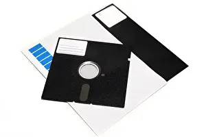 Flexible Prints: Old 5.25 and 8 inch floppy disks with label isolated on white background