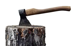 Rusty Prints: Old ax in wooden chock. Isolated on white background