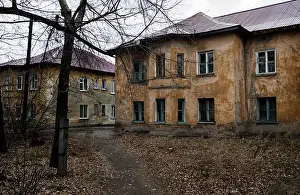 Old House Prints: Old brick apartment building. Old architecture. Brick house. Grunge house