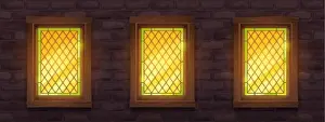 Rhombus Prints: Old brick wall with glow stained glass windows at night