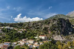 Summer House Prints: An old city in the mountains of Albania. Top landscape view