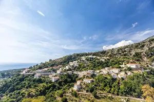 Summer House Prints: An old city in the mountains of Albania. Top landscape view