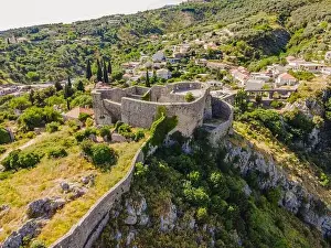 Aqueduct Prints: Old city. Sunny view of ruins of citadel in Stari Bar town near Bar city