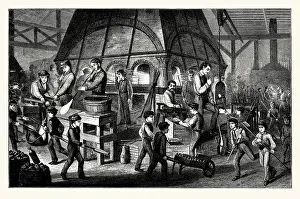 Skilled Prints: An old engraving of glass-blowing in a factory in New York City
