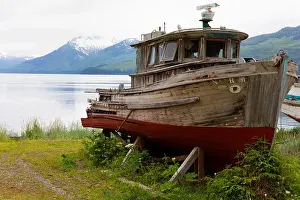 Dirty Prints: Old fishing boat out of the water at Icy Strait Point Alaska USA.