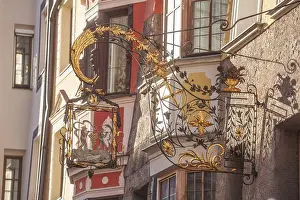 Town Center Prints: Old hanging sign in Herzog-Friedrich-Strasse, Old Town, Innsbruck, Tyrol, Austria