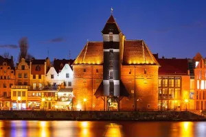 Danzig Prints: Old harbour crane and city gate Zuraw in old town of Gdansk