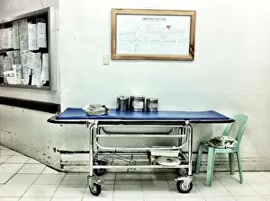 Vinyl Prints: Old hospital bed on wheels in the hallway of the hospital in the Philippines