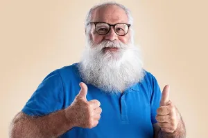 Bald Prints: Old man with a long beard on a pastel background. Senior with full white beard