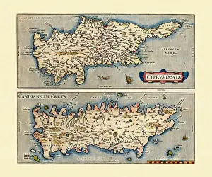 Fashioned Prints: Old Maps of Cyprus and Crete. Two frames arranged side by side vertically each one with a Island inside