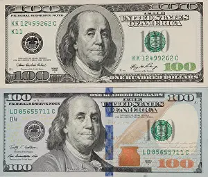 Money Note Prints: Old and new 100-dollar bills and banknotes, the front side