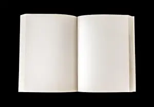 Old open blank book mockup, isolated on black. Top view