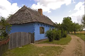 Thatched Roof Prints: Old Polish blue wooden house with thatched roof at Mazowsze Open Air Museum in Sierpc