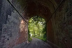 Archway Prints: Old red and purple brick tunnel contains a muddy double-track lane that opens out into deciduous forest greenery