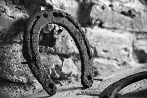 Talisman Prints: Old rusted horseshoe stands near brick wall, close up photo with selective focus