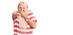 Silly Prints: Old senior man with grey hair and long beard wearing striped tshirt laughing at you