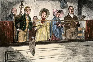 Sing Prints: Old-time church choir singing. Hand-colored woodcut of an E. A. Abbey illustration