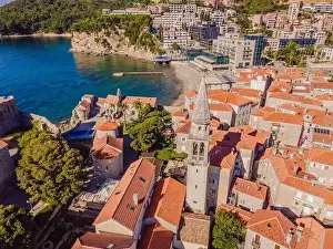 Town Beach Prints: Old town in Budva in a beautiful summer day, Montenegro. Aerial image. Top view