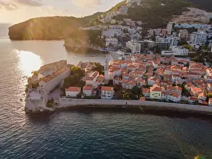 Adriatic Coast Prints: Old town in Budva in a beautiful summer day, Montenegro. Aerial image. Top view