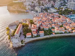 Adriatic Coast Prints: Old town in Budva in a beautiful summer day, Montenegro. Aerial image. Top view