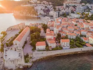 Old town in Budva in a beautiful summer day, Montenegro. Aerial image. Top view