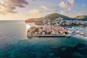 Old town in Budva in a beautiful summer day, Montenegro. Aerial image. Top view