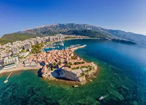 Adriatic Coast Prints: Old town in Budva in a beautiful summer day, Montenegro. Aerial image. Top view