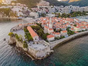 Old town in Budva in a beautiful summer day, Montenegro. Aerial image. Top view