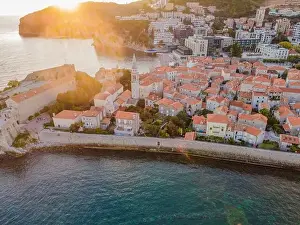 Old town in Budva in a beautiful summer day, Montenegro. Aerial image. Top view
