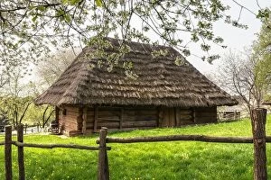 Images Dated 5th April 2014: Old ukrainian house with straw roof and cherry tree flowers in spring time