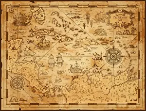 Compass Prints: Old vintage map of caribbean sea