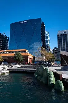 Financial District Prints: Old wharf building in front of modern glass office building