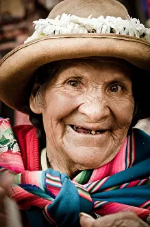 Peruvian Prints: Old woman wearing traditional Quechua costume in Aguas Calientes Machu Picchu Cusco region Peru