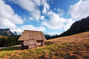 Landscape Collection: Old wooden hut in spring High Tatras mountains in Kalatowki meadow, Zakopane, Poland
