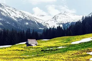Kalatowki Prints: Old wooden hut in spring High Tatras mountains in Kalatowki meadow