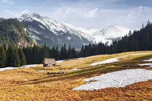 Landscape Prints: Old wooden hut in spring High Tatras mountains in Kalatowki meadow