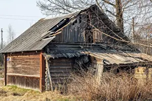 Destroy Prints: Old wooden ruined house among the bushes and grass, close up