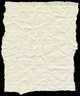Discolored Prints: Old yellowing crumpled lined paper torn edges isolated on black