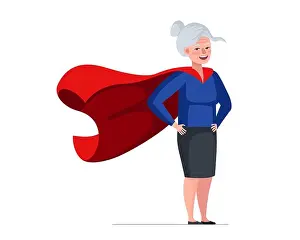 Senior Women Prints: Older woman in superhero costume wearing red cape