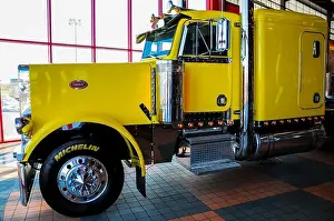 OMAHA, NEBRASKA - FEBRUARY 24, 2010 - Yellow Peterbilt 379 semi truck displayed at IOWA 80 Truckstop