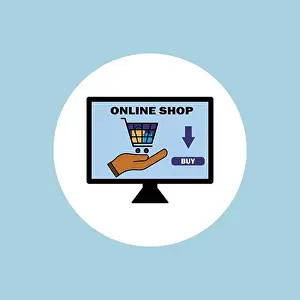 E Commerce Prints: Online shop, Laptop, desktop, computer icon with shopping baskets. Design template vector