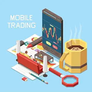 Online trading isometric concept with man sitting on sofa at home and smartphone 3d vector illustration