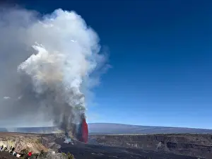 Caldera Prints: onlookers line the crater rim as a fountain of hot lava shoots up 1200 feet from Halemaumau Crater